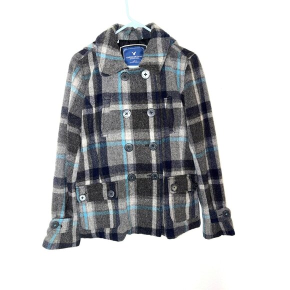 American Eagle Plaid Double-Breasted Wool Blend Peacoat W/Detachable Hood Size L - Picture 1 of 9